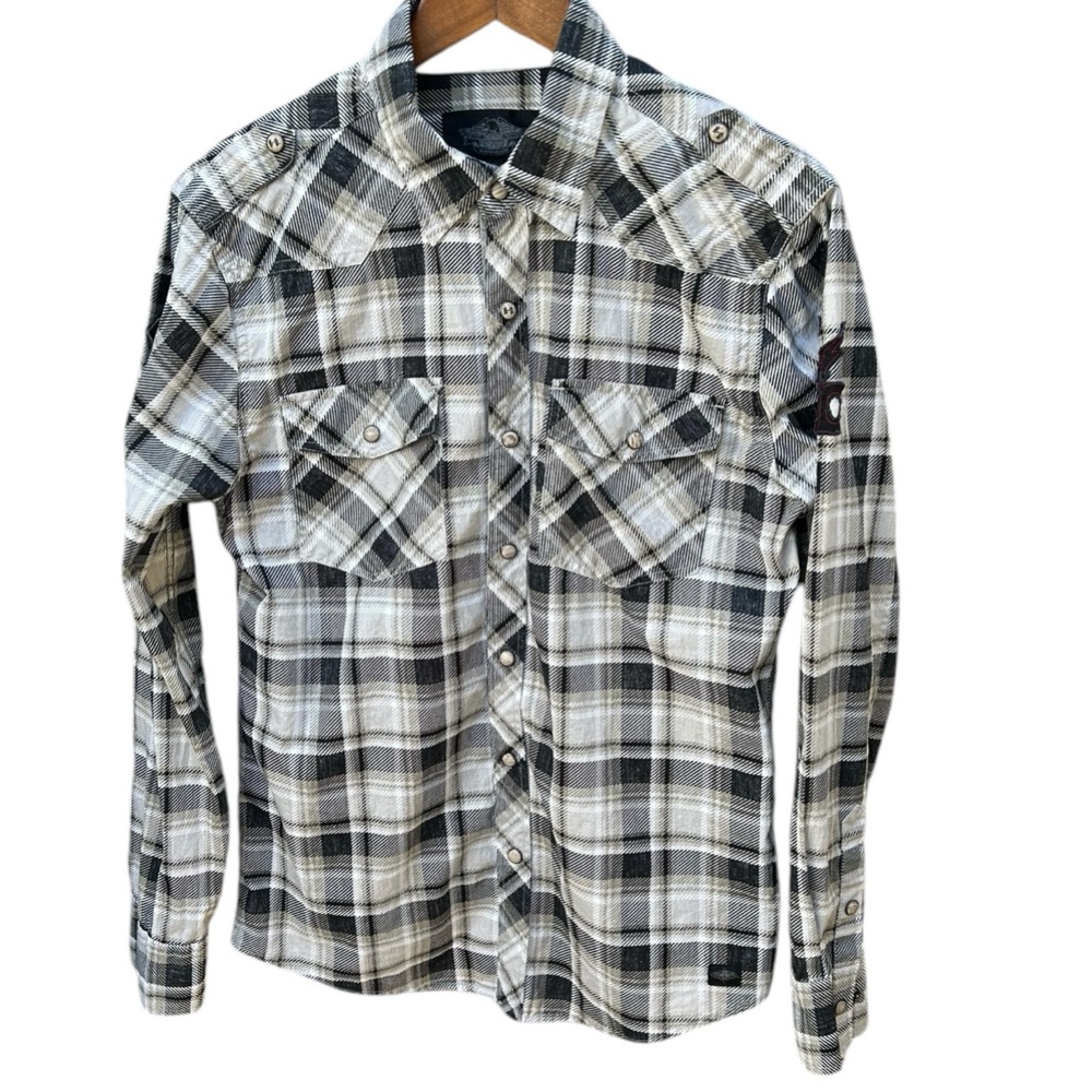 Harley Davidson Mens Medium Cotton
Pearl Snap Plaid Button Up Black Moto Biker